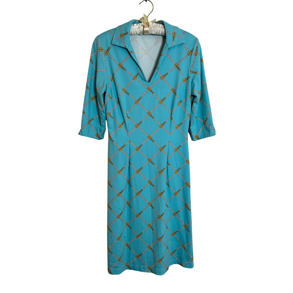J. McLaughlin Cadence Dress‎ Size XS Blue Chain Print 3/4 Sleeve V-Neck Preppy